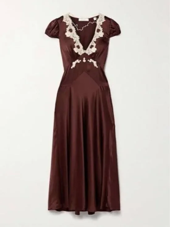 Doen Coraline  Silk Satin Maxi Dress with Cream Lace Trim - Picture 2 of 2